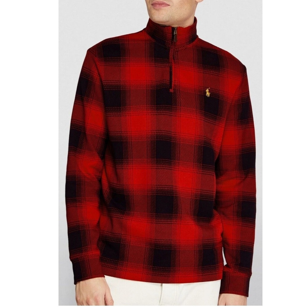 Polo Ralph Lauren L Estate Rib Red Black Buffalo Plaid Quarter Zip Tartan Preppy